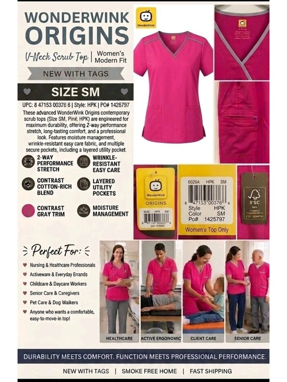 WonderWink Origins Scrub Top Womens SM Dark Pink With Grey Y-Neck Pockets.